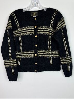 Vintage South Wool Mohair Blend Black Gold Button Sweater Size Small